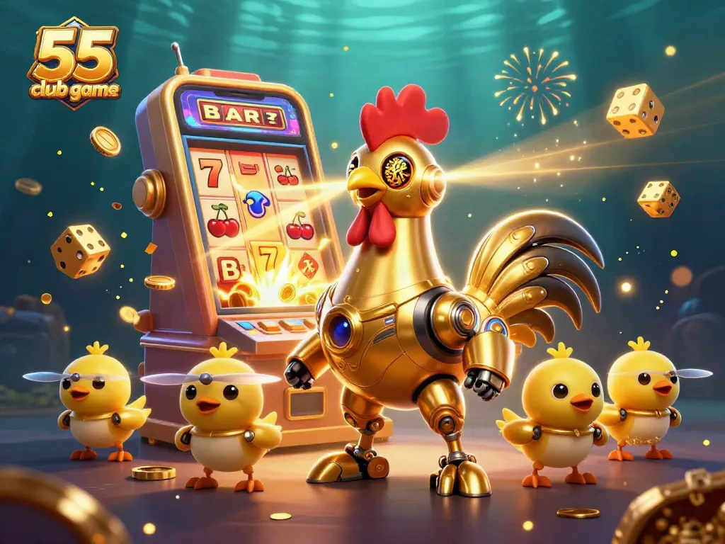 Experience the excitement of the 55 club game with a vibrant 3D illustration featuring a dynamic golden rooster robot and casino elements.