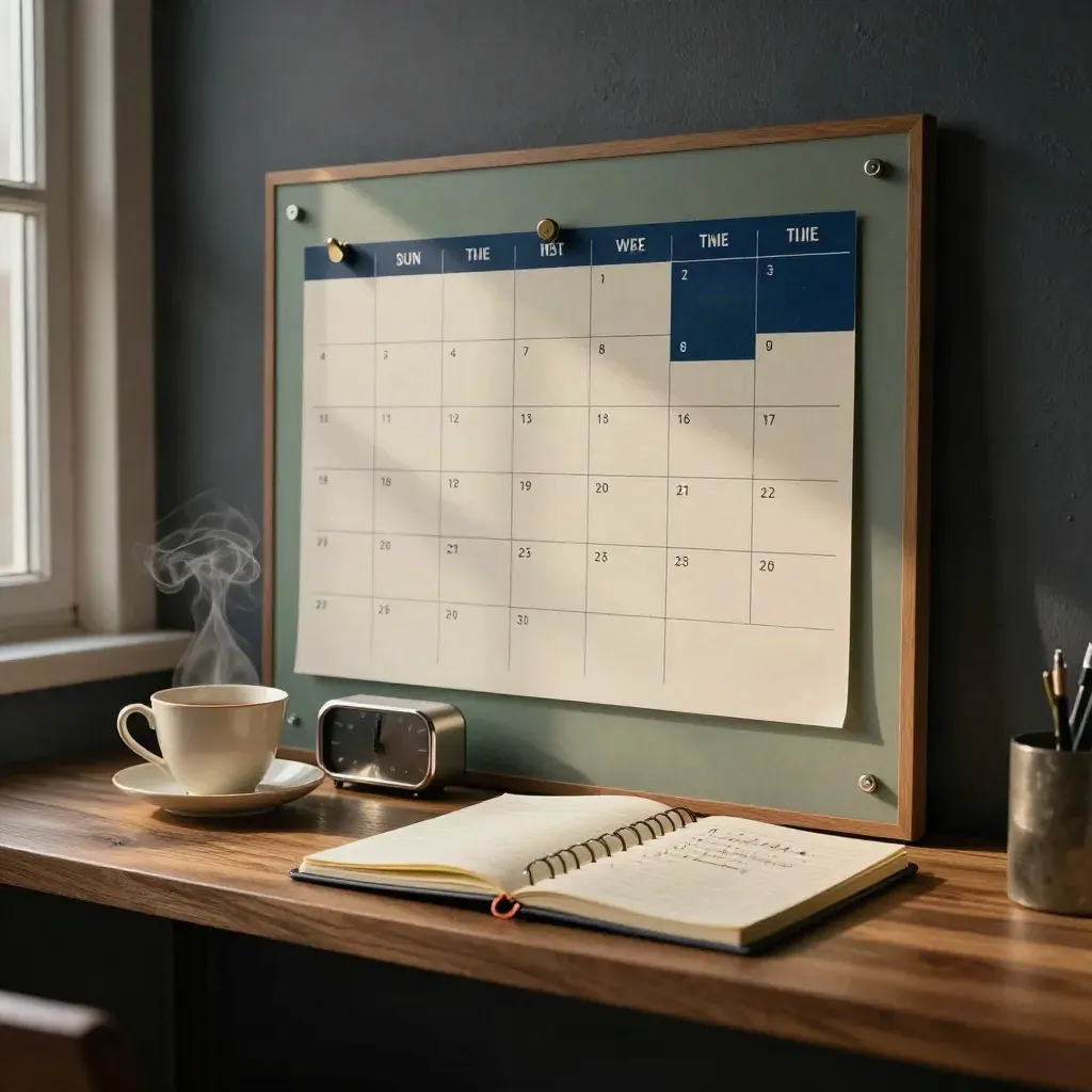 Weekly routine board with magnets, timer, notebook and teacup on a walnut ledge