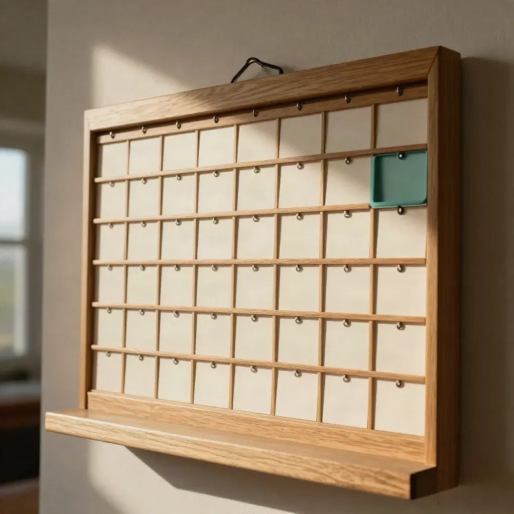 Wall-mounted family command calendar with blank cards, wooden rails and colour-coded trays on oak.