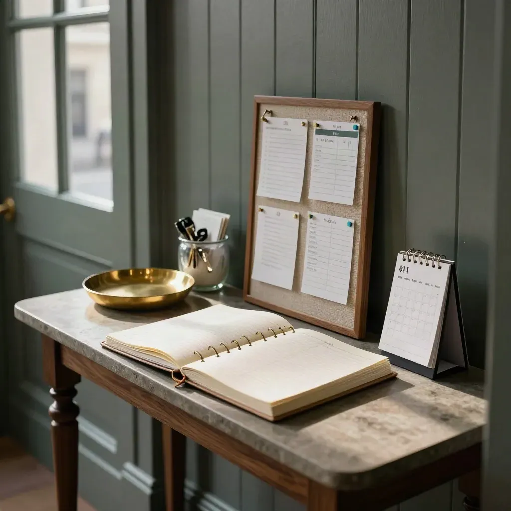 Hallway planning setup with binder, tracker cards, brass tray and calendar stand in moody light