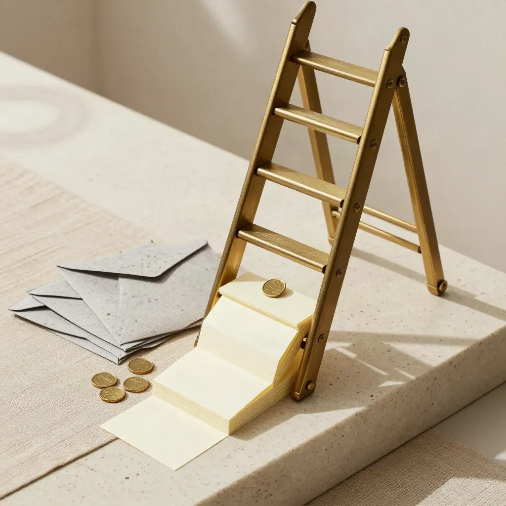 Brass goal ladder with note cards, tokens, and milestone envelopes on travertine.