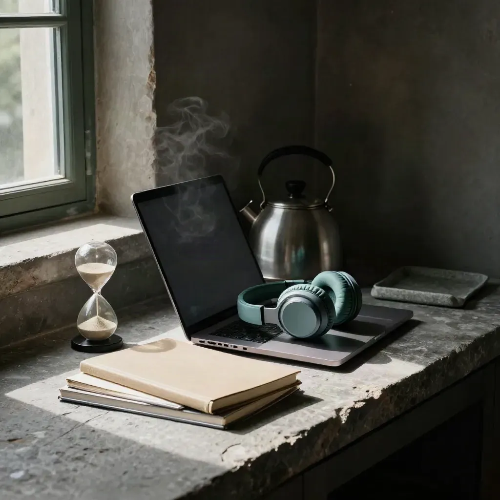 Closed laptop, hourglass timer, headphones and notebook stack on a stone ledge in moody light.
