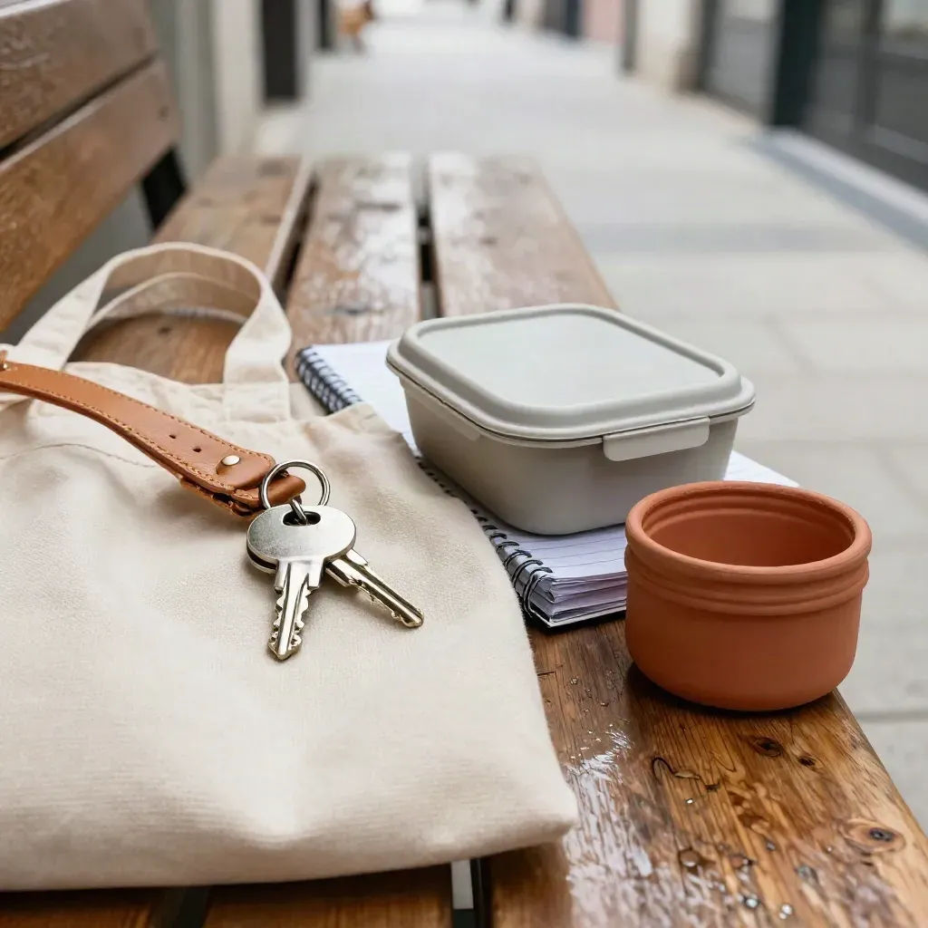 Hallway bench with tote, keys, lunch container, planner ring, and small catchall in morning light