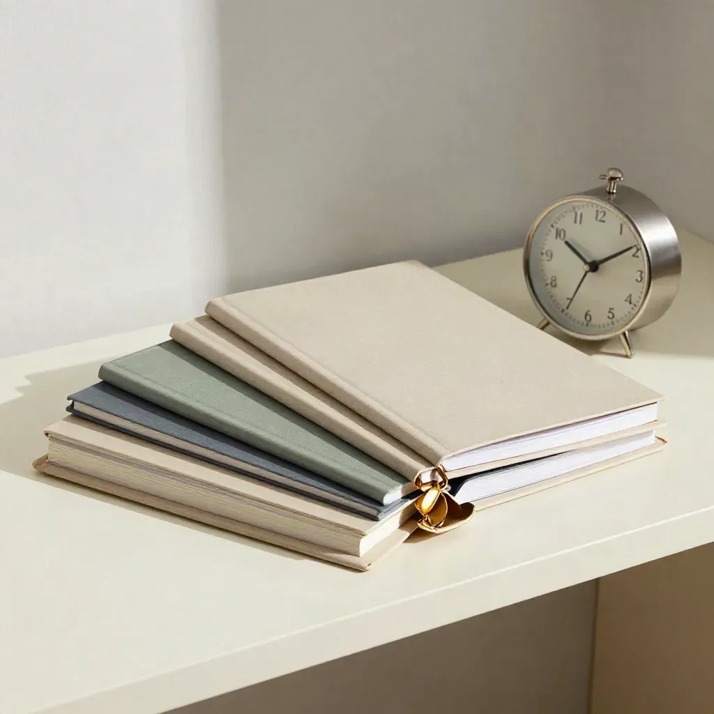Quarterly planner binder, four notebooks, brass clip and desk clock arranged on a cream shelf.