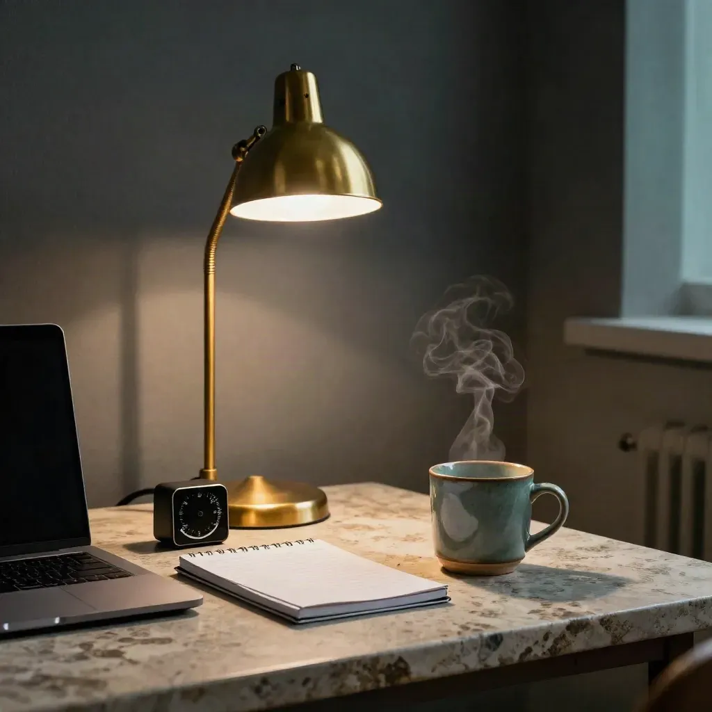 Closed laptop, notebook, timer, mug and lamp on a stone ledge in a moody creative corner.