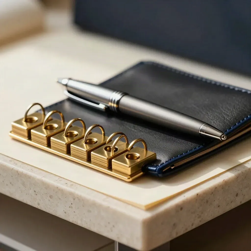 Macro still life of planner tools on travertine with brass, leather and pen.