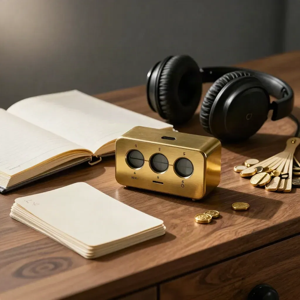 Timer, notebook, index cards, gold tokens and headphones on a walnut sideboard.