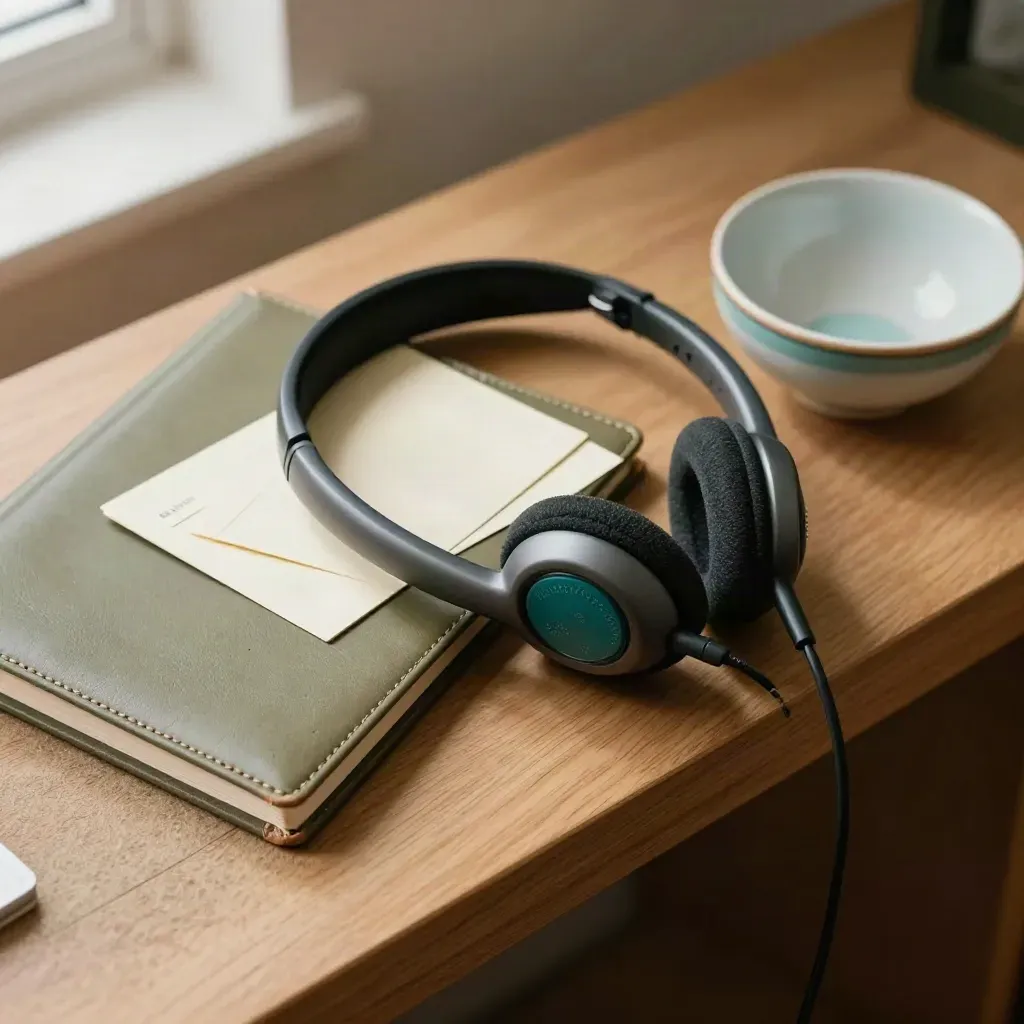 Overhead macro of headset, closed address book, face-down cards and ceramic bowl on oak.