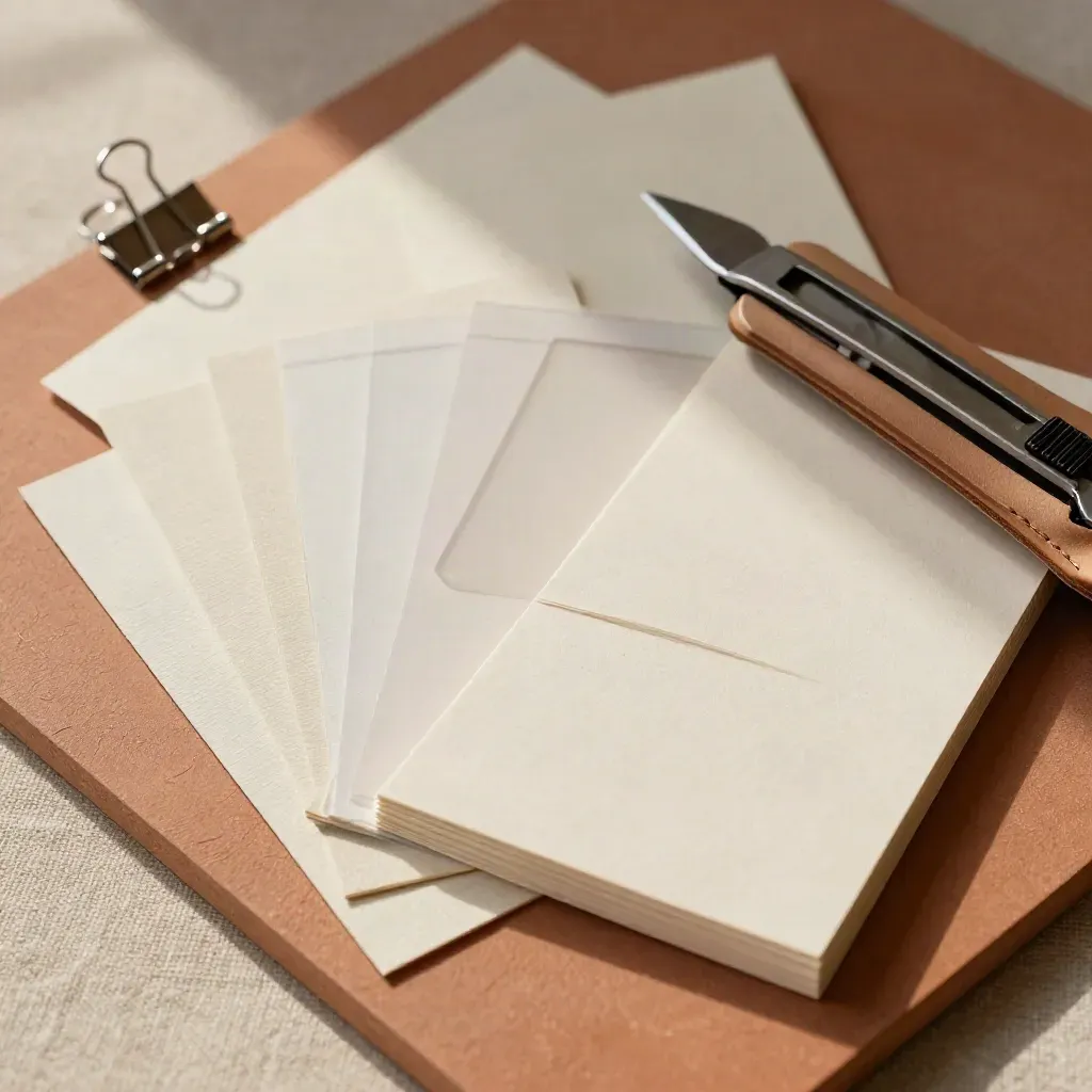 Cream swatches, paper samples and binder rings on a terracotta surface in a top-down flatlay.