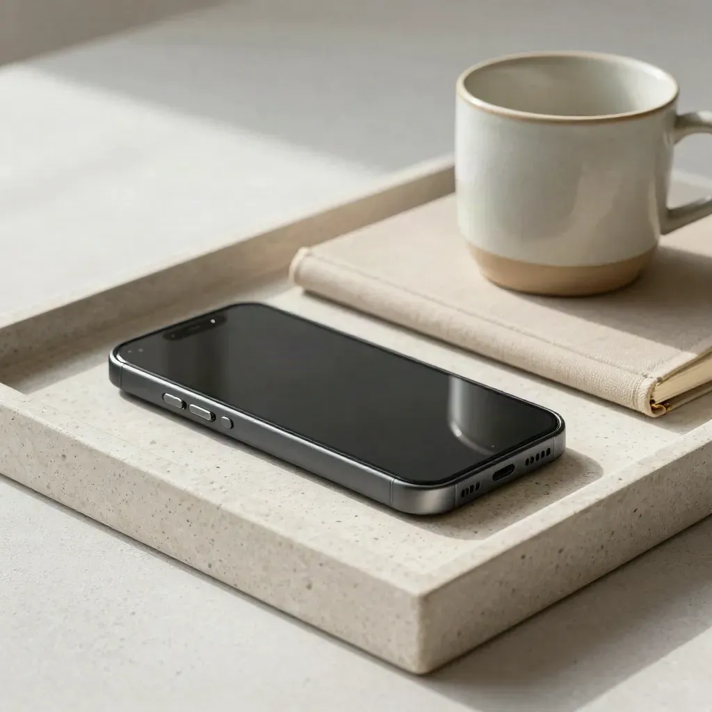 Side-on still life of handset cradle, face-down phone, notebook and mug on a stone tray.