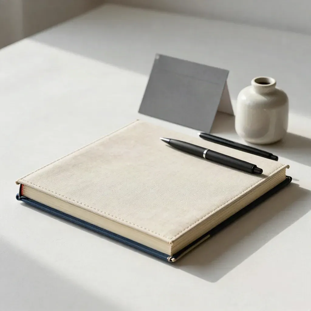 Closed planner with tabs, folded cards and a black pen beside a small lamp base on pale plaster.