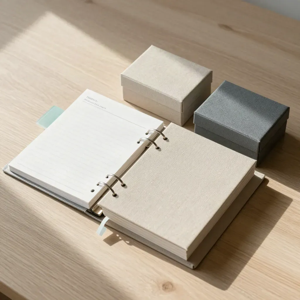 Top-down organiser kit with binder rings, dividers, tracker cards and two storage boxes on pale wood.