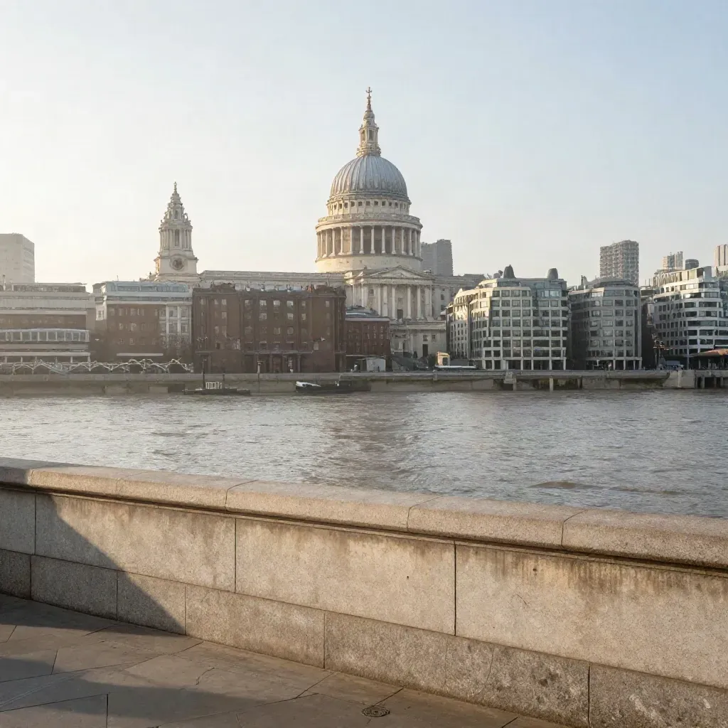 St Paul’s dome above a hazy Thames at dawn, with calm river foreground and riverfront architecture.