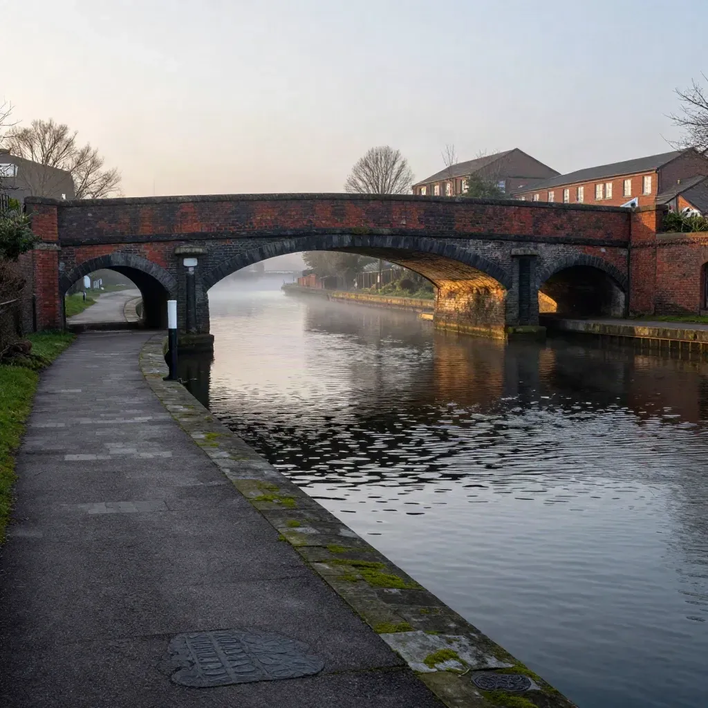 Dusk view of Birmingham canals with brick bridges, calm water and misty industrial skyline.