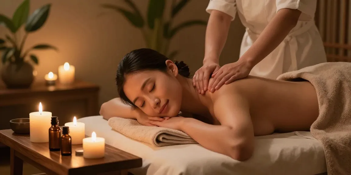 Experience the tranquility of 산본출장마사지 in a soothing home spa setting with essential oils and gentle lighting.