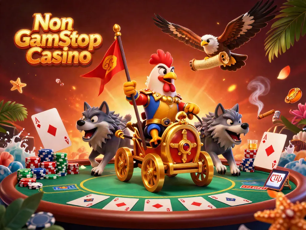 Engage at Non Gamstop Casino with a vibrant 3D illustration of a rooster warlord on a golden chariot amidst poker elements.