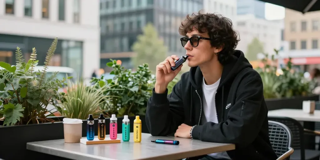 Individual enjoying THC vapes in UK at trendy café, showcasing vibrant vape products and urban scenery.