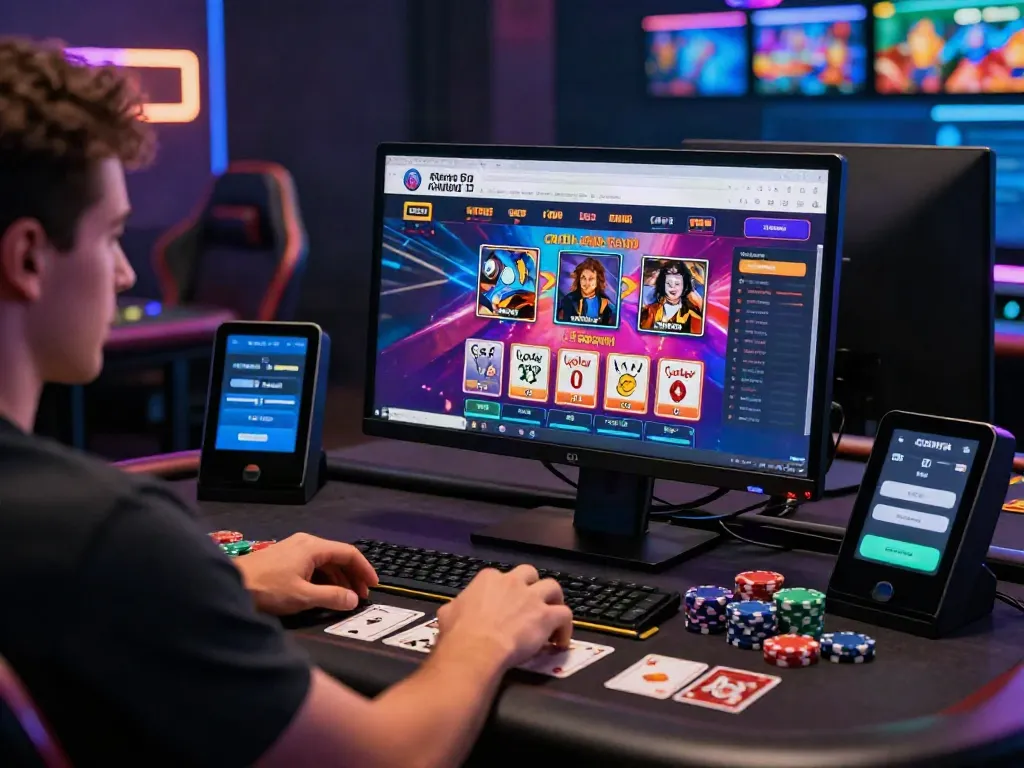 Engaging player using credit card casino sites at a modern desktop setup with vibrant UI.