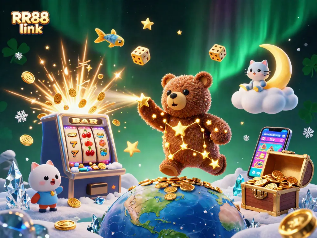 Engage in stunning gaming with the RR88 link, featuring a cosmic bear and slot machine celebration of wins.