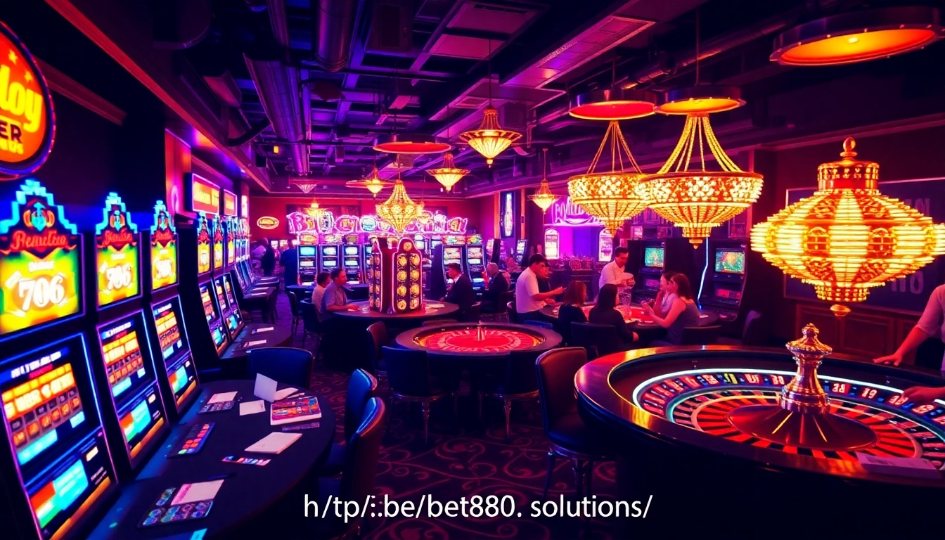 A lively casino scene illustrating players at poker tables and slot machines at https://bet888.solutions/, capturing the essence of excitement and gaming.