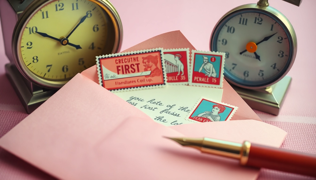 Explore cheap first class stamps beautifully arranged on a vibrant envelope next to a vintage pen.