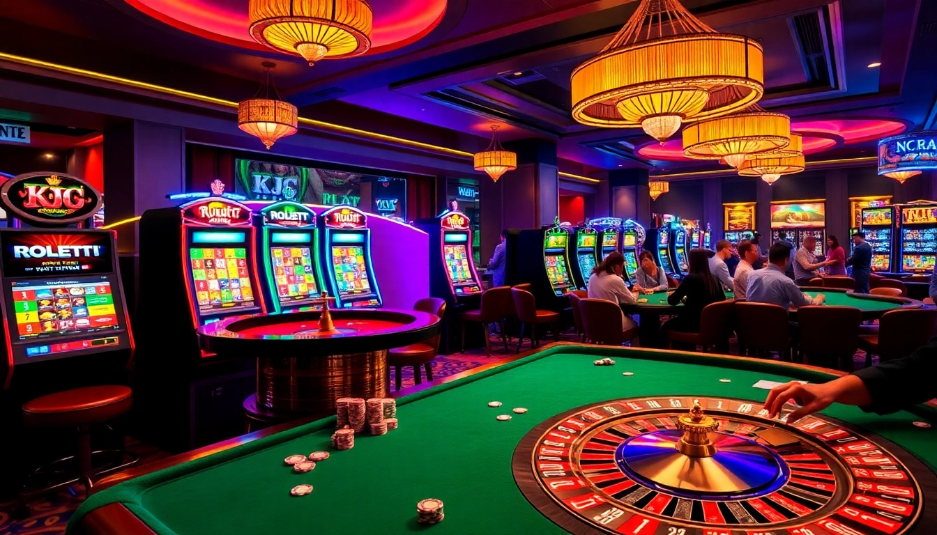 This image illustrates an exciting casino setting with roulette, poker, and slot machines, capturing the thrill of gambling at KJC AC 1.