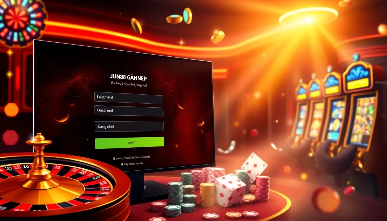 Login interface for JUN88, showcasing vibrant casino elements such as poker chips and roulette wheel.