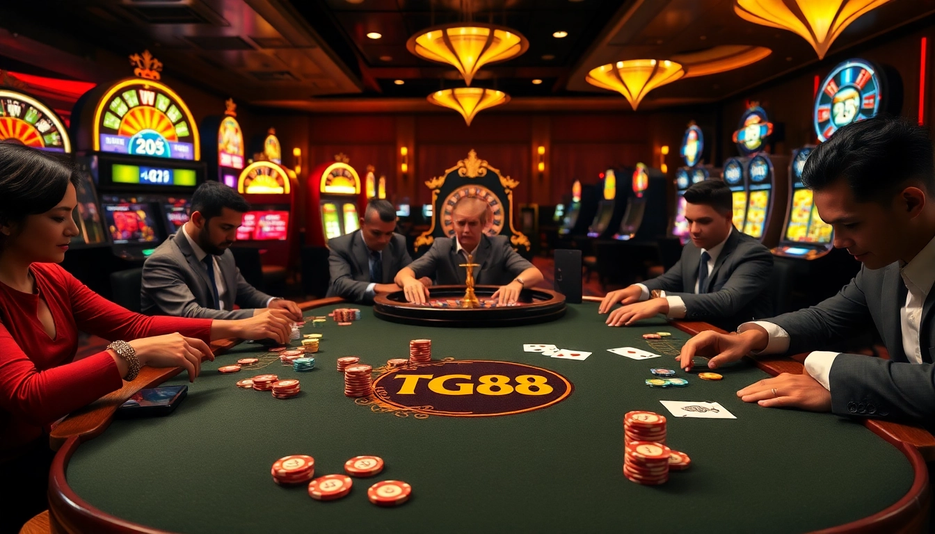 Engage in thrilling poker action at a TG88 casino with vibrant chips and illuminated slots.