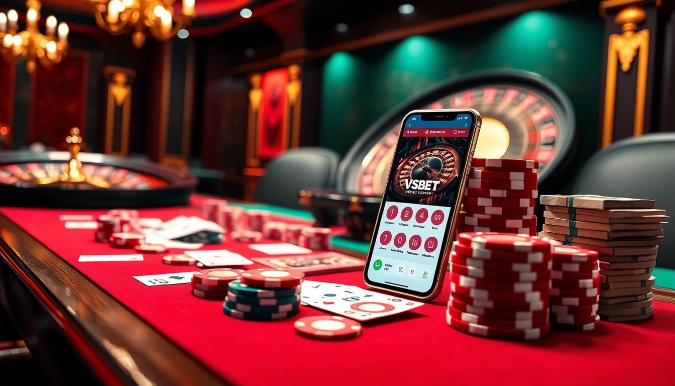 Engage with the excitement of VSBET poker at a luxurious casino featuring vibrant chips and elegant cards.