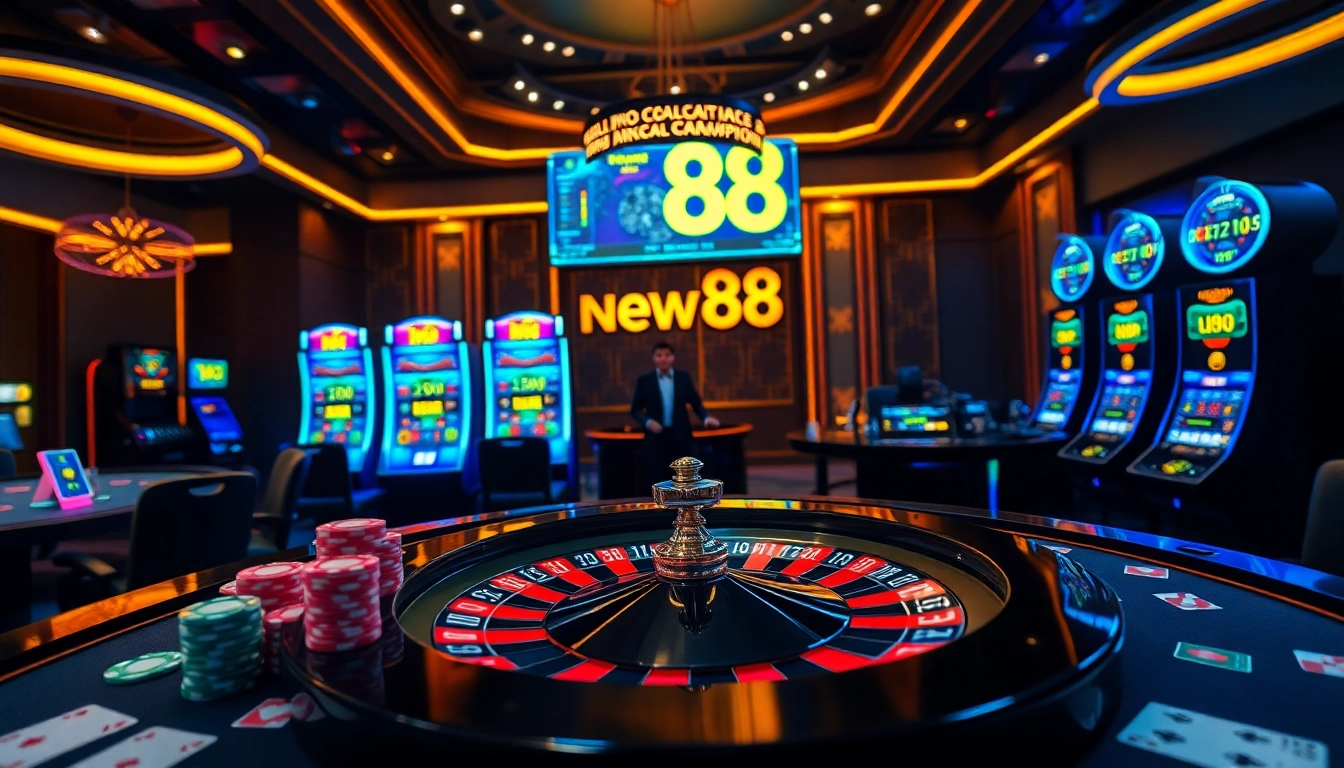 Experience the thrill of new88 gaming with vibrant roulette and poker action in a luxurious casino setting.