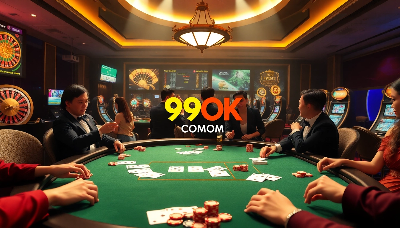 Experience high-stakes gambling at 99OK COM with a luxurious poker table, thrilling atmosphere, and online betting interfaces.