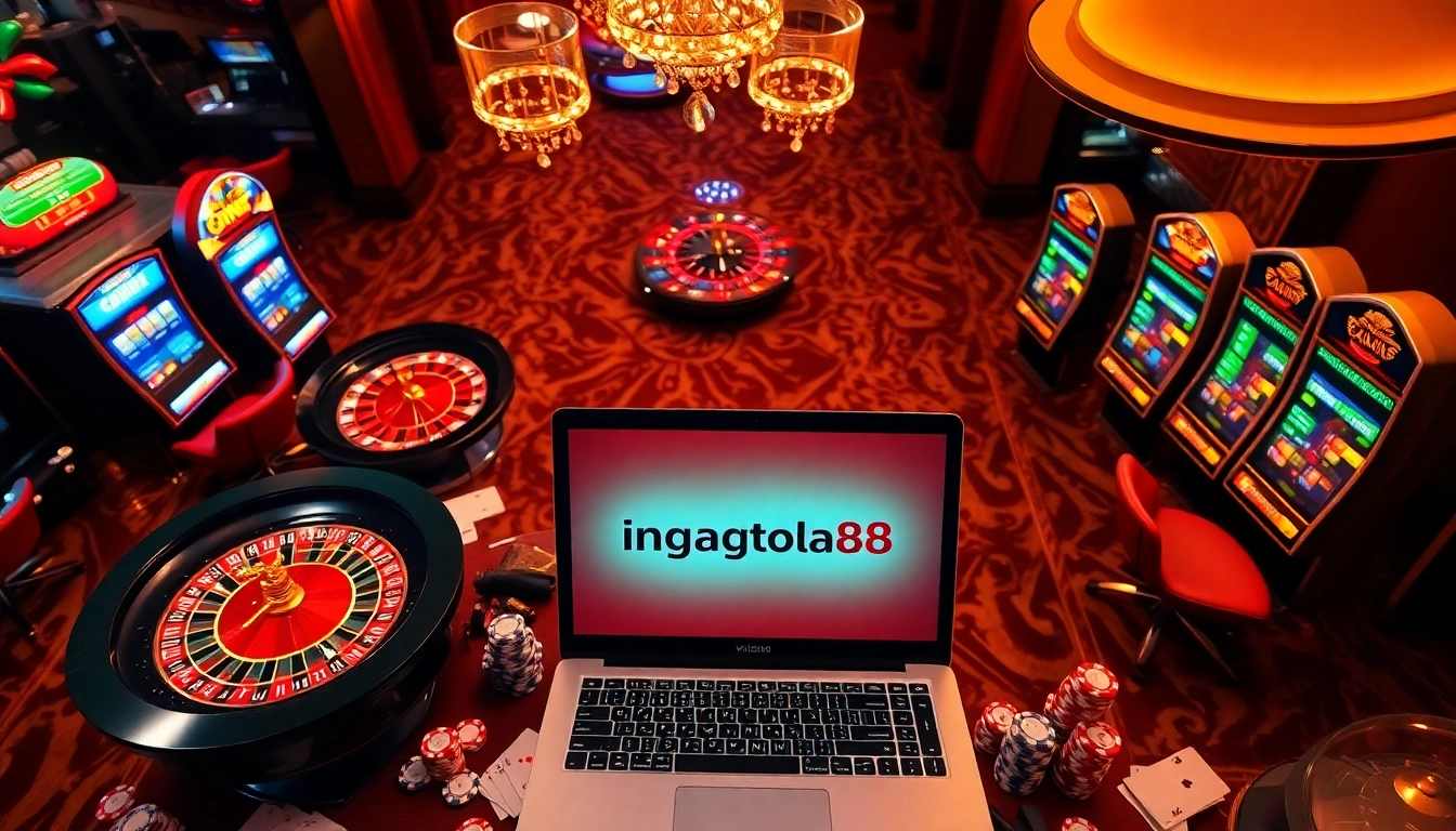 Experience ingatbola88 excitement with poker chips, a roulette wheel, and a laptop in a luxurious casino atmosphere.