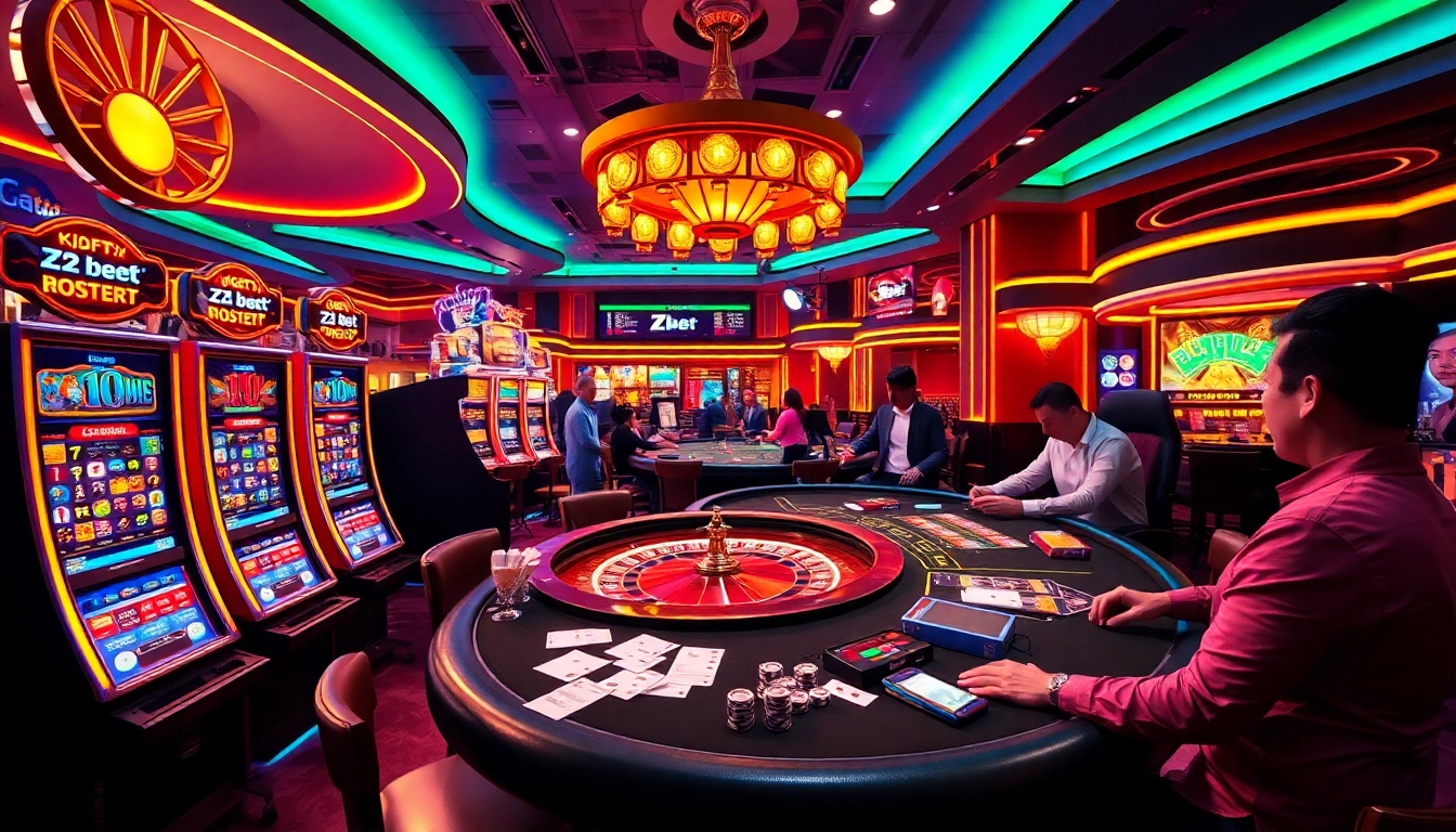 Experience thrilling gameplay at zbet vn with an engaging online casino atmosphere showcasing exciting slot machines and poker tables.