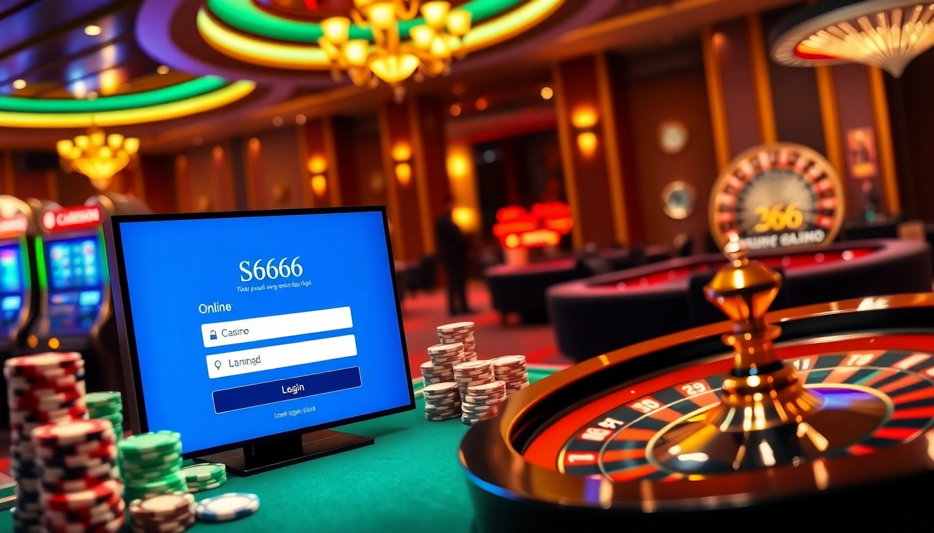 S666 dang nhap through a vibrant casino environment featuring slot machines and poker chips.