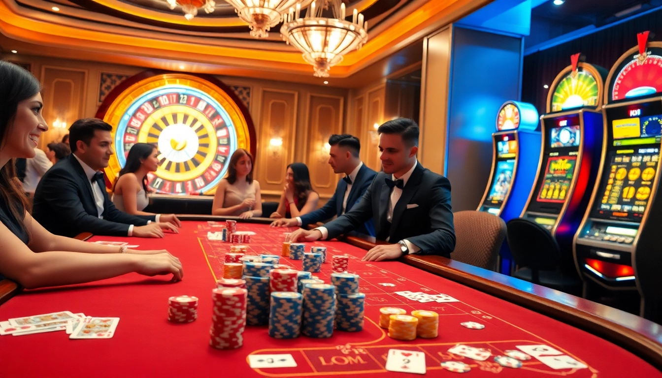 Players strategizing their next move at Lc88 casino table, poker chips and cards creating excitement.