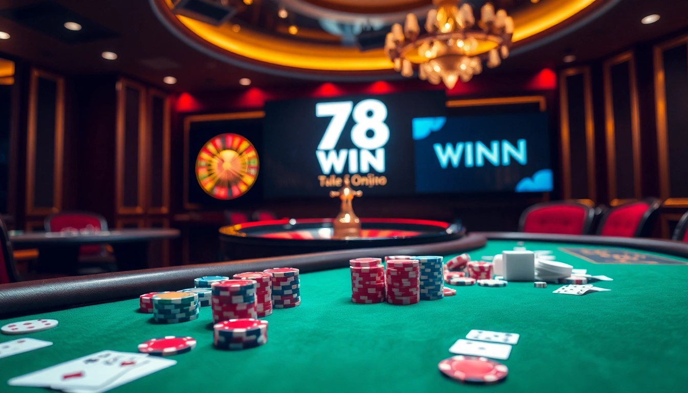 Exciting gameplay at 78 WIN casino, showcasing poker chips and a roulette wheel.