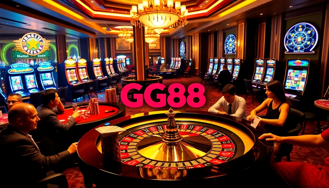 Players enjoying a thrilling gambling experience at GG88 casino with vibrant tables and exciting games.