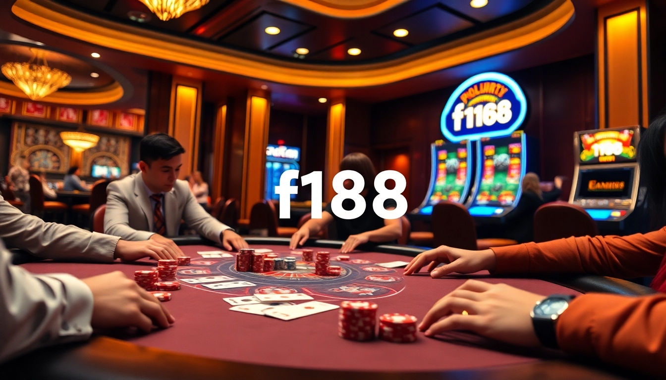 Gamblers engaged at the f168 poker table with bright casino lights and excitement.