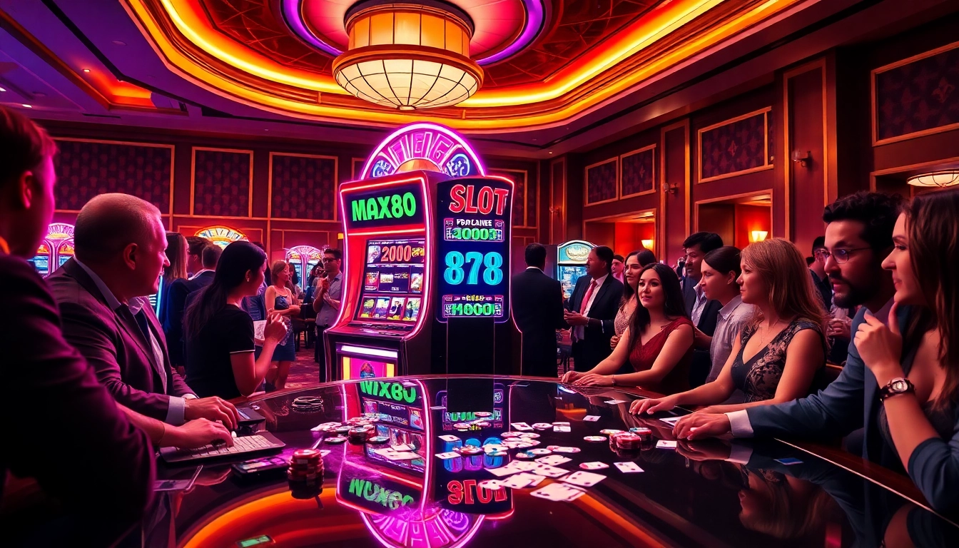 Max88 slot machine attracts eager gamblers in a vibrant casino scene, filled with excitement.