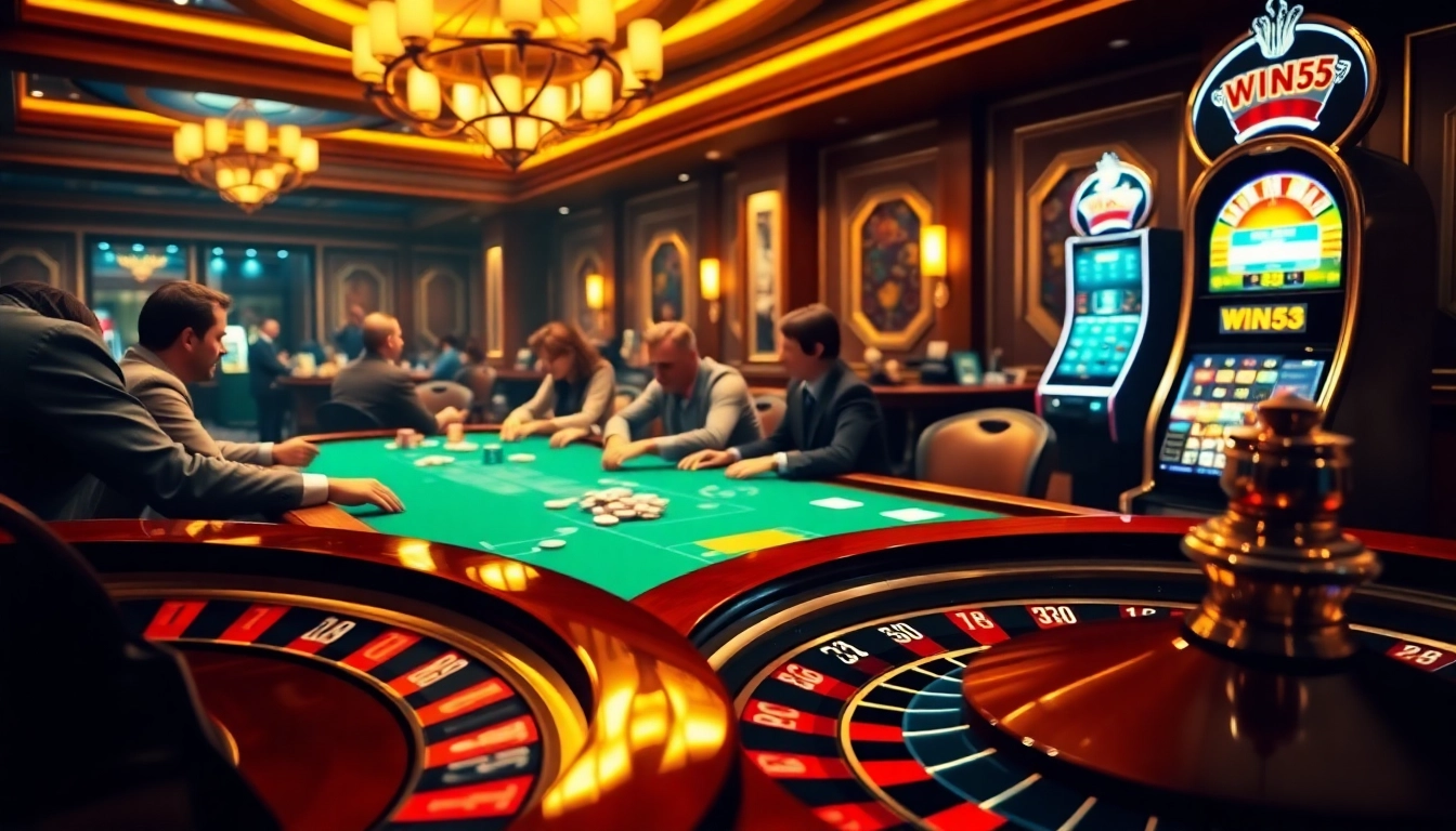 Engage in high-stakes excitement at win55 casino tables featuring poker chips and a roulette wheel.
