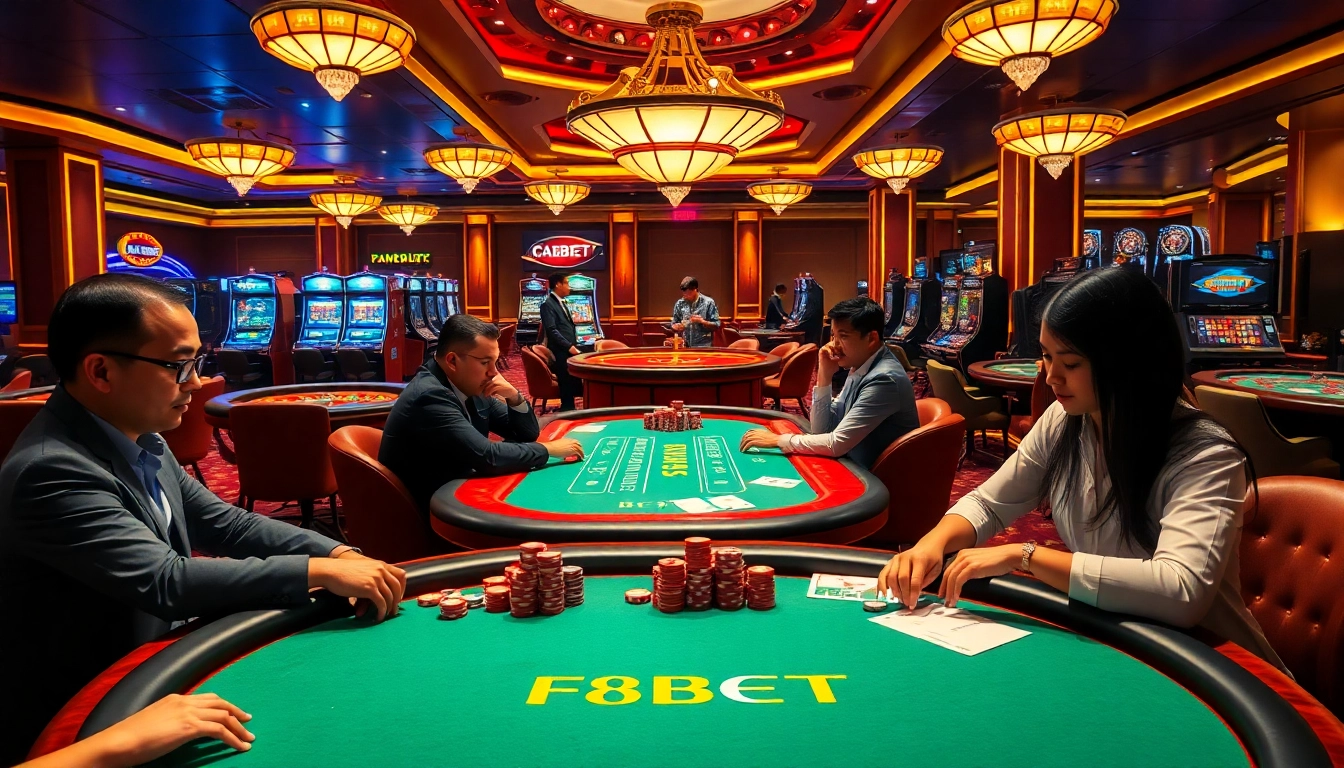 Gamblers engaging in blackjack at an F8BET branded casino table, showcasing thrilling online gaming.