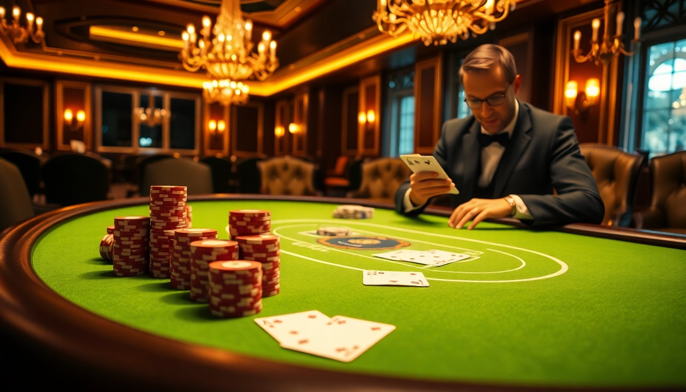 F168 casino scene featuring luxurious poker table and vibrant chips during high-stakes play.