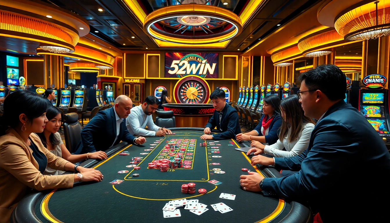 Players strategizing at a poker table in an exciting 52WIN casino scene.