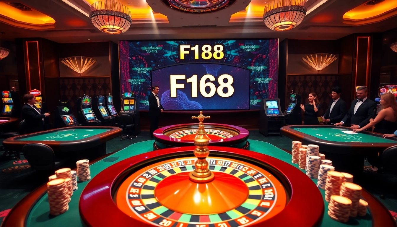 Experience the thrill of F168 with vibrant casino visuals featuring poker and roulette.