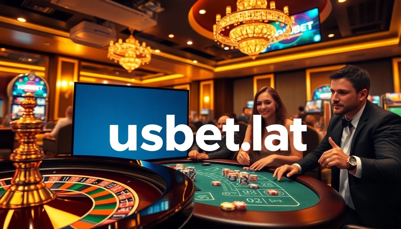 Experience the thrill of gambling at https://usbet.lat/ with engaging casino visuals featuring poker chips and slot machines.