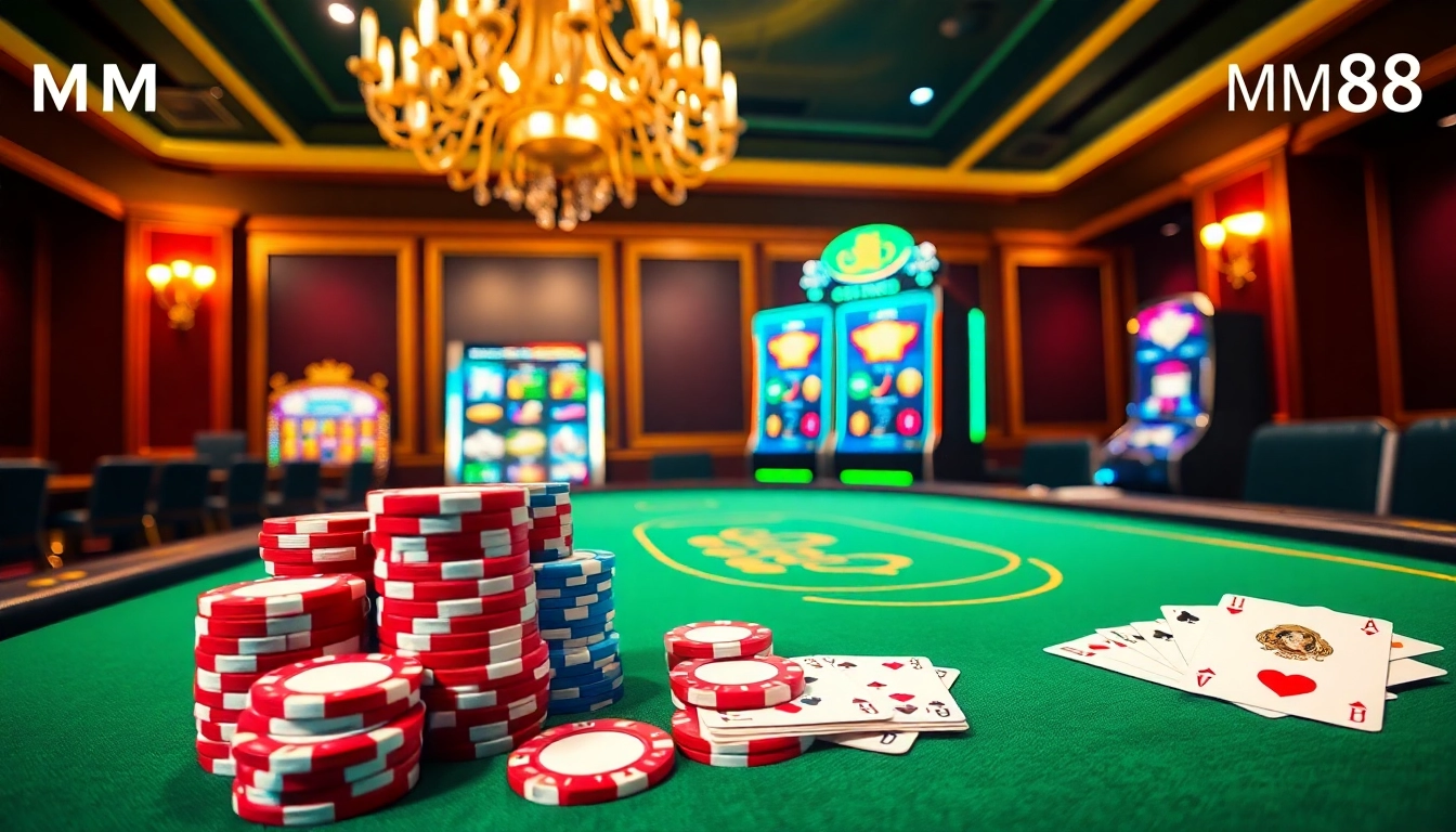 Feeling the thrill of gambling at MM88's luxurious table with vibrant poker chips and cards.