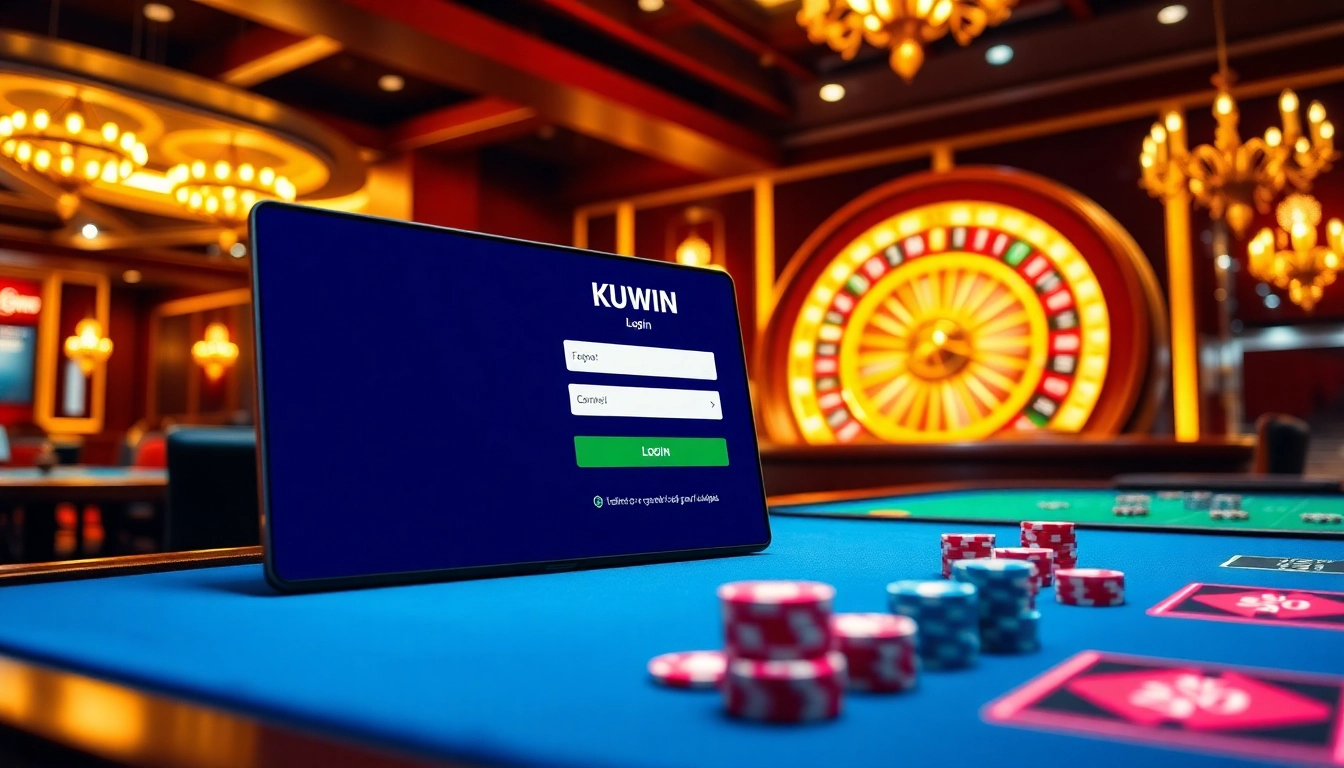 Kuwin đăng nhập interface showcasing a vibrant online casino environment filled with poker chips and roulette wheels.