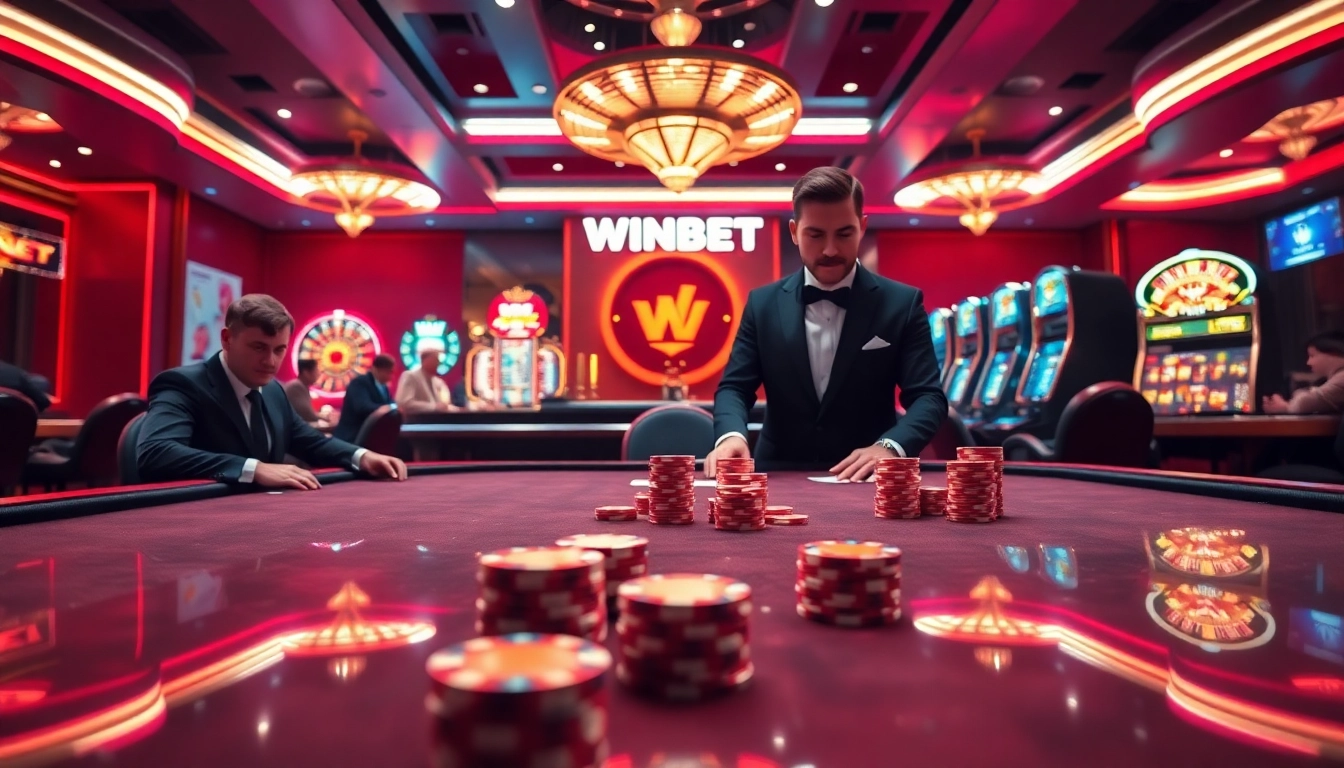 Experience the excitement of WINBET as players engage at a high-stakes poker table in a lavish casino.
