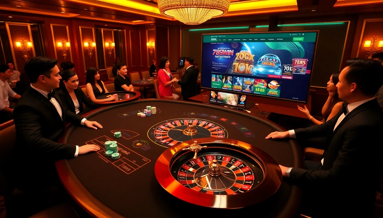 Players enjoying a game at nhà cái 789win casino with vibrant poker chips and an exciting roulette wheel.