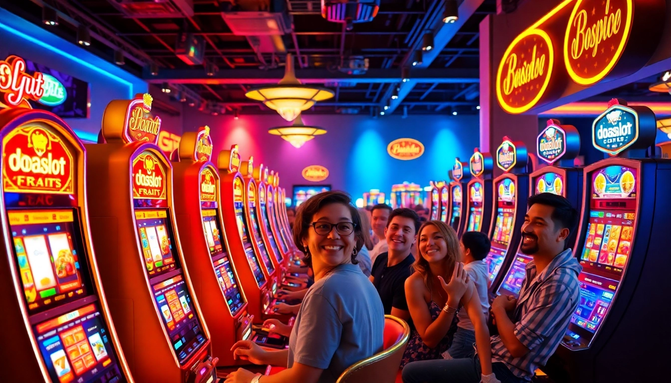 Players enjoying the colorful doaslot slot machines in a vibrant casino atmosphere.